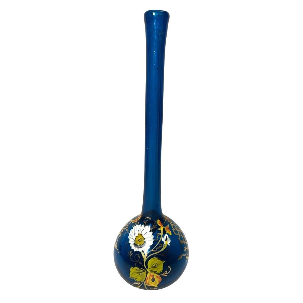 Antique Hand Painted Blue Art Glass Vase Bulbous Long Neck